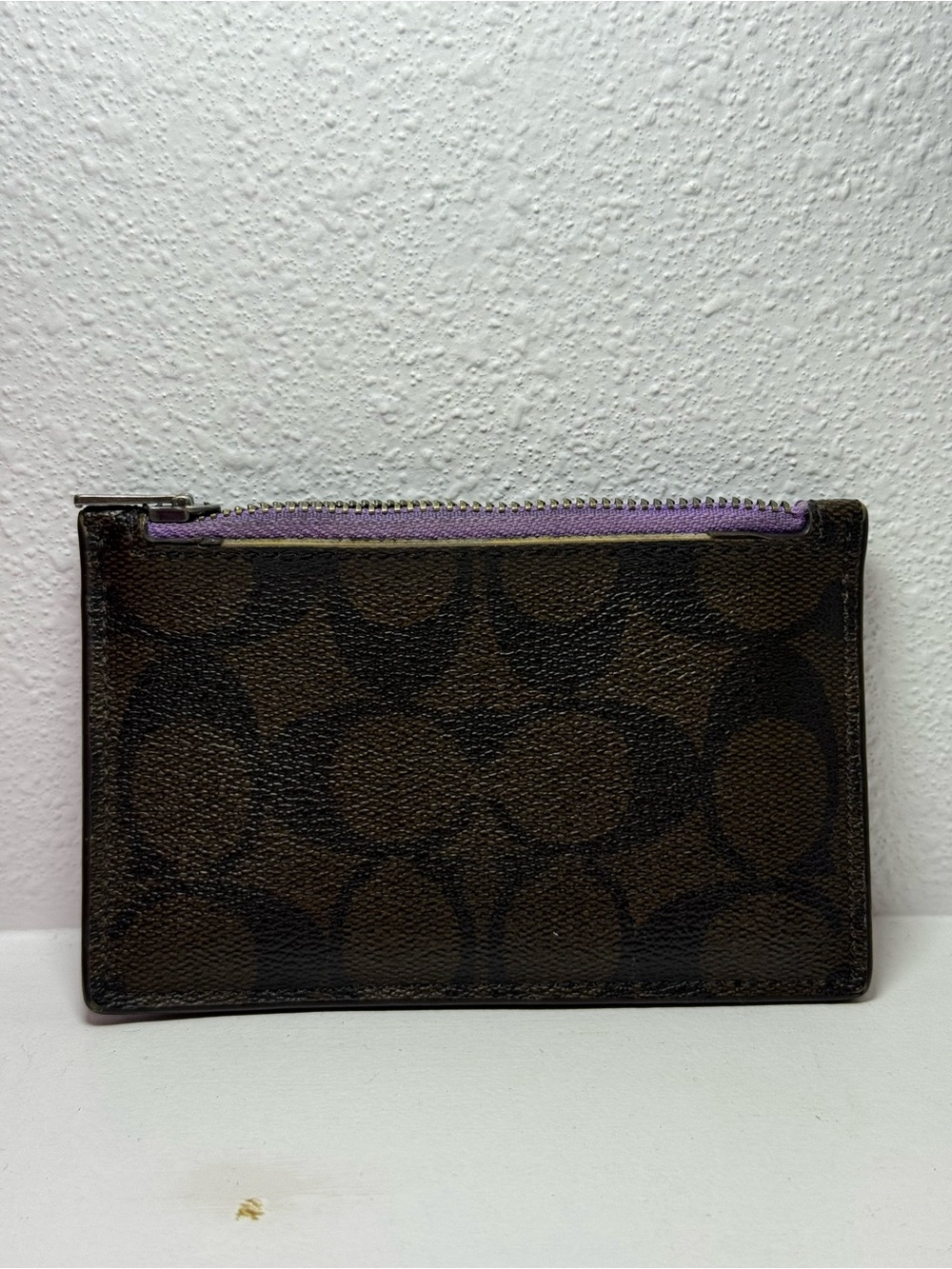 Coach Brown Card Case with Lavender Zip Accent
